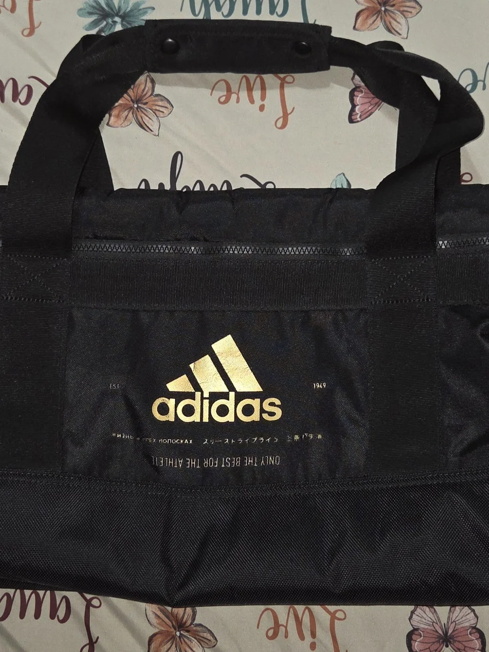 Adidas Men's Black and Gold Logo Tote Bag